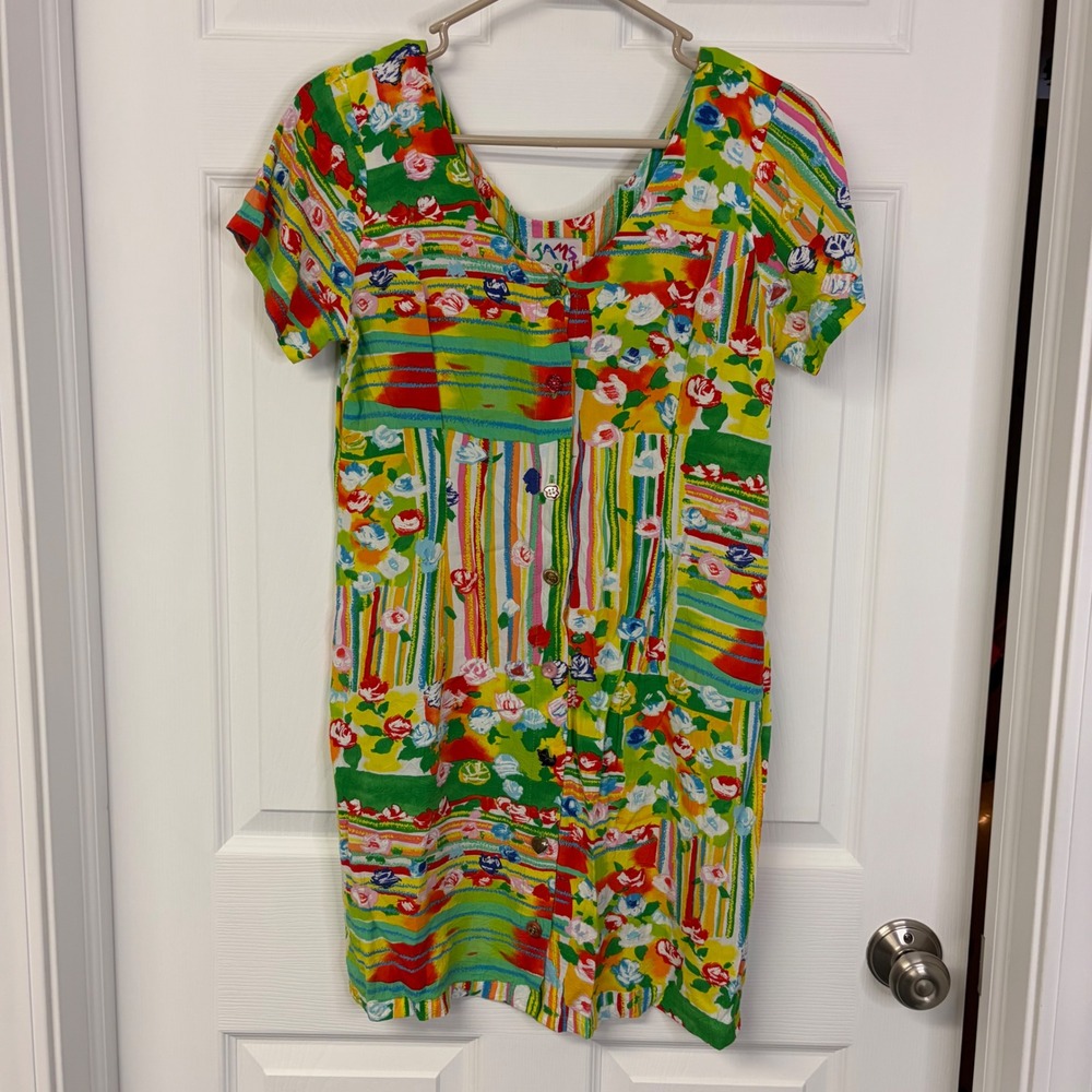 Jams World Vintage Floral Striped Button Down Mini Dress Multi Color Size 7